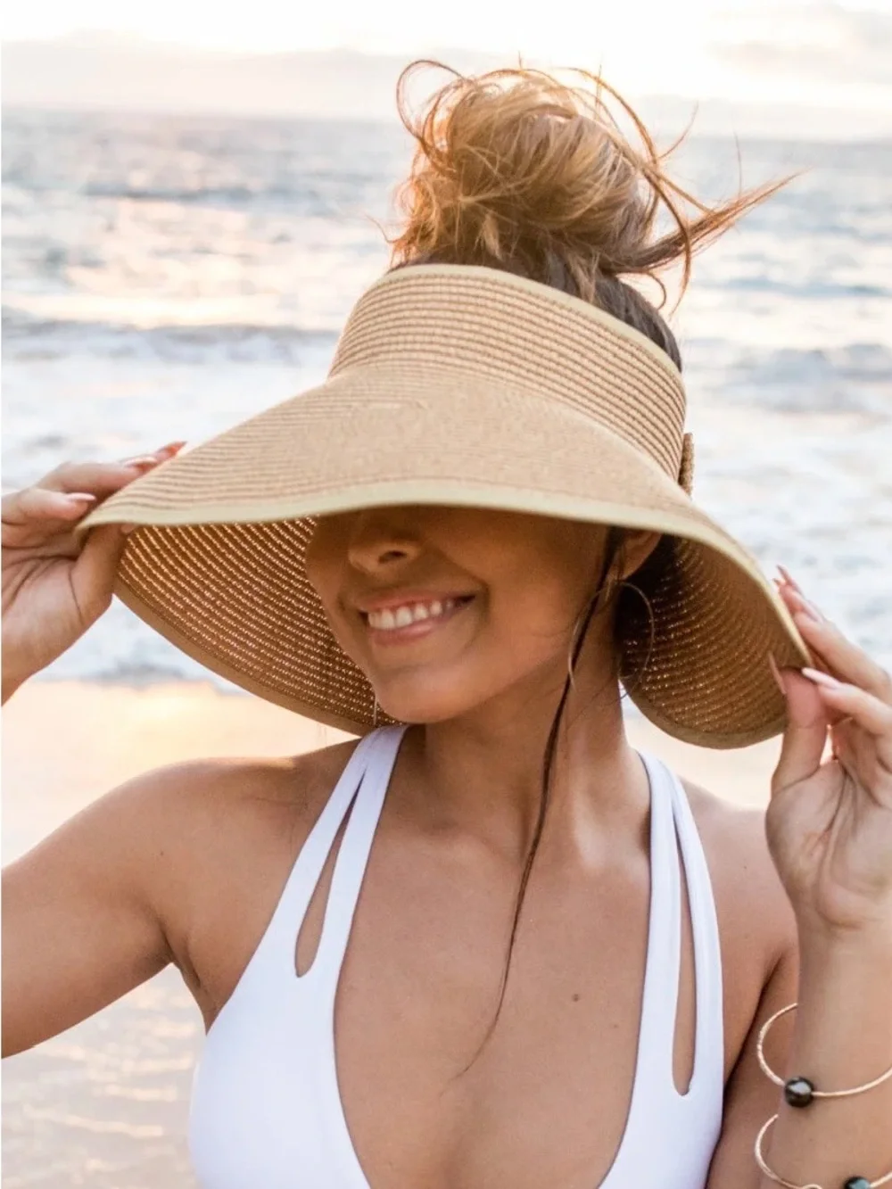 Woven Straw Visor Hat with Bow - Natural Tan